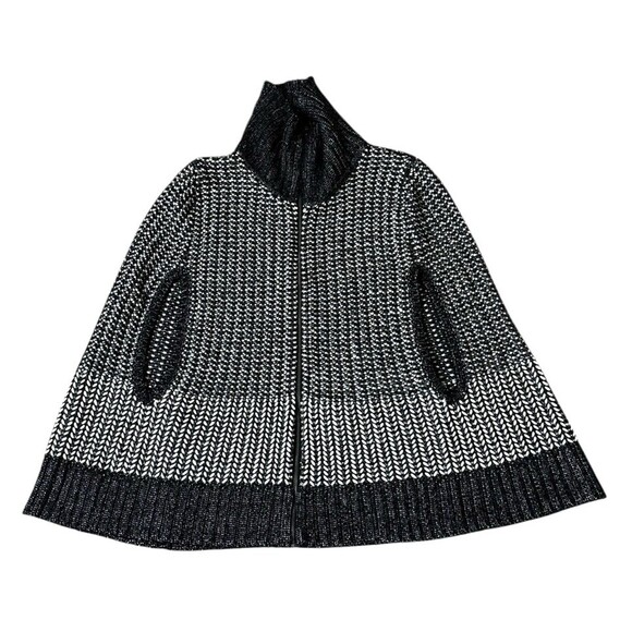 DKNY JEANS XL BLack White silver PONCHO Full Zip Front Chunky Knit Sparkle - Picture 3 of 14